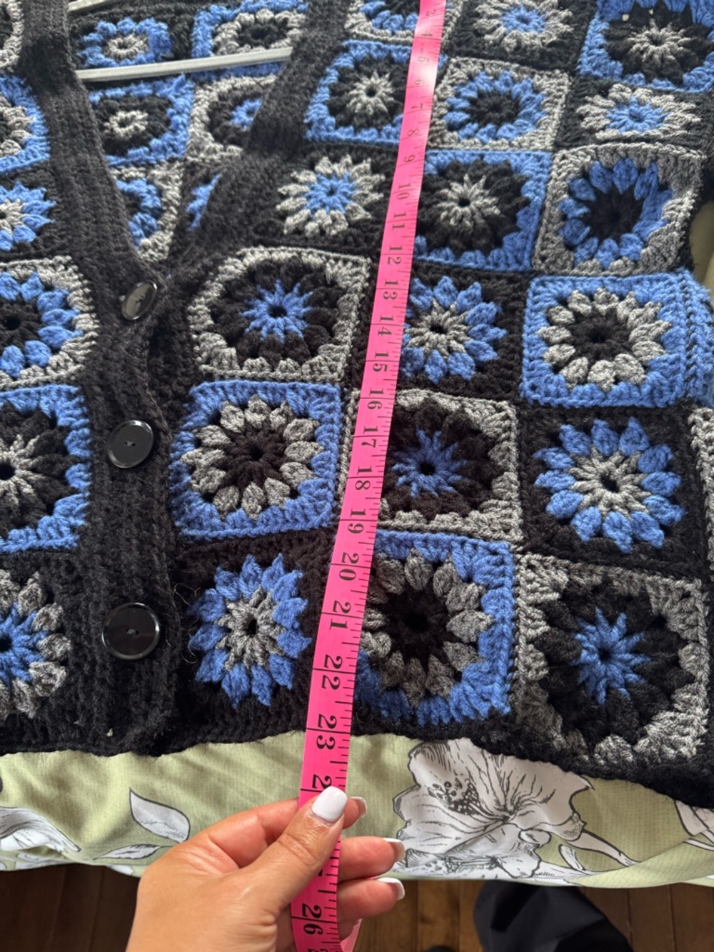 Hand Crafted Black Crochet Patchwork Cardigan with Blue and Gray Motifs. Ptp 27 - Picture 11 of 11